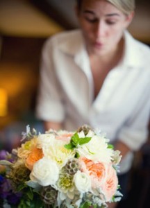 Bouquet of Dahlias, Roses, Tweedia, Scabiosa Pods, Ranunculus, Mint and Dusty Mille